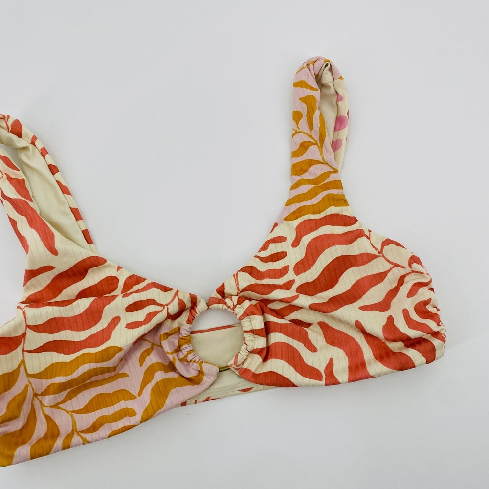 Vitamin A Bikini Top Women Size M Orange Pink Palm Print Ring Front Ribbed - Picture 2 of 6